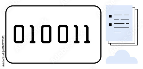 Binary digits on a screen, document files, and a cloud icon representing data storage, cloud computing, coding, programming, digital transformation, file management, ideal for simple flat metaphor