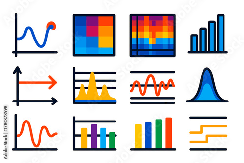 Modern Spectrogram Icons. Flat vector icons of Spectrogram Studies: frequency chart, color heatmap, spectrogram grid, audio bar
