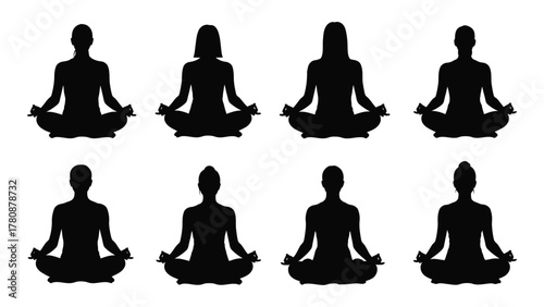 Yoga and meditation pose silhouettes isolated on transparent background, Vector