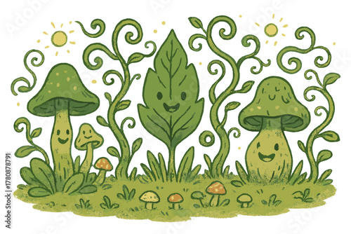 Enchanted Forest Whimsy. Magical doodle mystical forest with smiling psychoactive plants, cartoon vines twirling joyfully, tiny