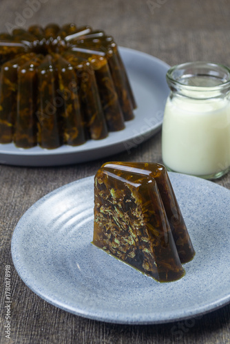 Fototapeta Puding karang mocca vla susu , served on a gray plate, made from agar powder, eg