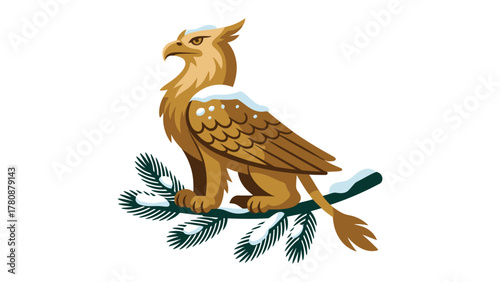 Majestic Griffin Emblem: A stylized griffin, a mythical creature with the body of a lion and the head and wings of an eagle, perched atop a snow-laden branch. An emblem of power and vigilance.