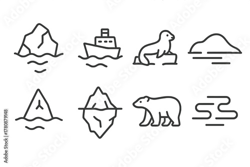 Arctic Icons in Line Style. Line style icons of Arctic Iceberg: Ice Chunk, Ship, Seal, Snow Drift, Tip, Underwater Mass, Polar