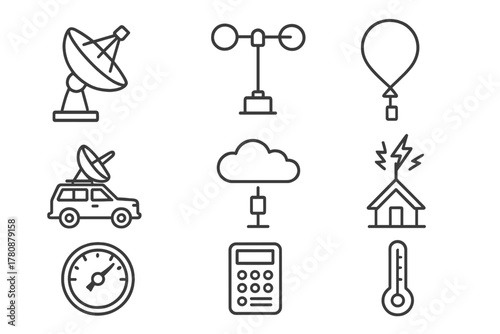 Weather Research Icons. Line style icons of Weather Research: Radar Dish, Anemometer, Weather Balloon, Storm Chaser, Cloud Sensor,