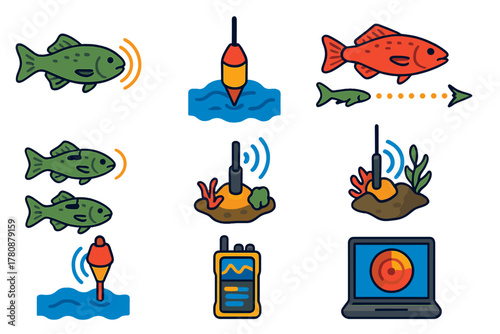 Acoustic Telemetry Illustration. Isometric vector illustration set Acoustic telemetry: marine fish with sound tags, tracking buoys