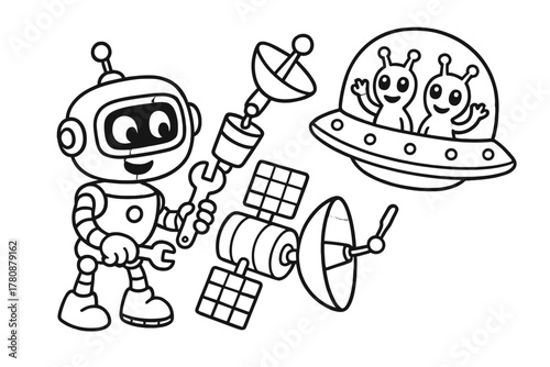 Robot Repairs Satellite. Funny repair robot fixing a satellite with tools while friendly aliens wave from a spaceship, black and