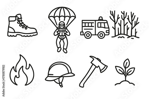 Wildfire Adventure Icons. Line style icons of Wildfire Adventure: Hiking Boots, Smoke Jumper, Fire Truck, Burned Forest, Flame,
