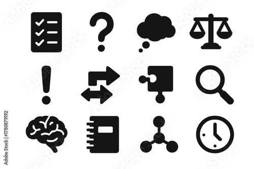 Cognitive Bias Icons. Solid style icons of cognitive biases and decision making: checklist, question mark, thought bubble, scales,