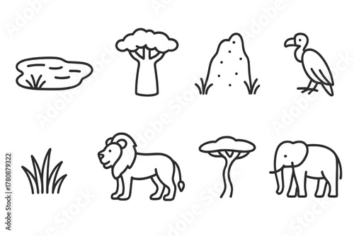 Savanna Icon Illustrations. Line style icons of Savanna: Watering Hole, Baobab Tree, Termite Mound, Vulture, Grass Tuft, Lion,