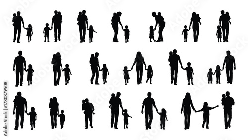 Family walking silhouettes isolated on transparent background, Vector