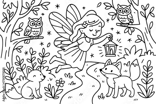 Magical Fairy Forest. Magical fairy flying with a lantern lighting the forest path with owls, foxes, and fireflies, black and