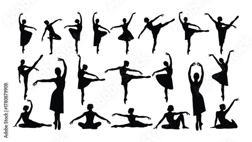 Ballet dancer silhouettes in various poses isolated on transparent background, Vector