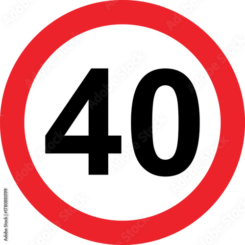Standard red circular traffic sign with a speed limit of 40, a regulatory road symbol that imposes a maximum speed restriction for safety on motorways, streets or residential areas
