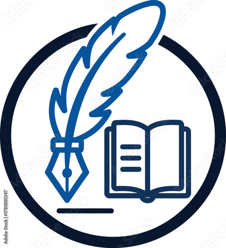 Icon of a quill pen and open book inside a circle