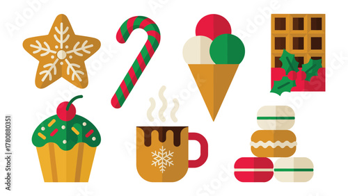 Festive Feast: An illustrated assortment of sweet treats, from gingerbread stars to macarons, creating a cheerful, colorful composition.
