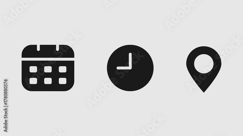 Animated time, date, and location icons appearing in sequence. Minimal flat motion design symbolizing event details, schedule, meeting, or appointment.