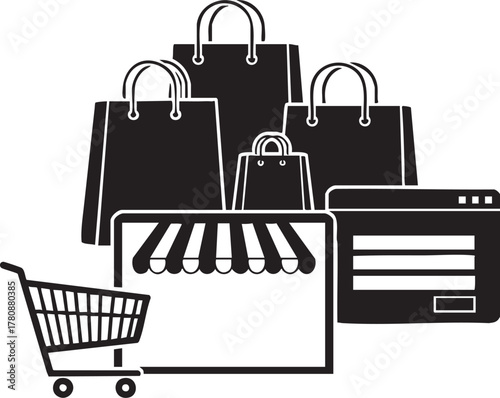 Adobe Illustrator Artwork Online Shopping & E-commerce Vector Illustration - Digital Marketplace, Retail Bags, and Cart for Web Stores
