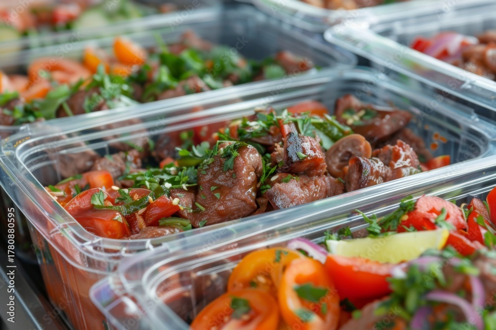 Obraz premium Variety of fresh meal prep containers with vegetables and meat