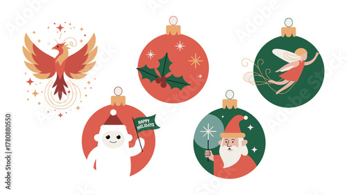 Festive Christmas Ornaments: A vibrant collection of Christmas ornaments, each adorned with unique, whimsical illustrations: including a Phoenix, a holly wreath, a fairy, a snowman and Santa. 