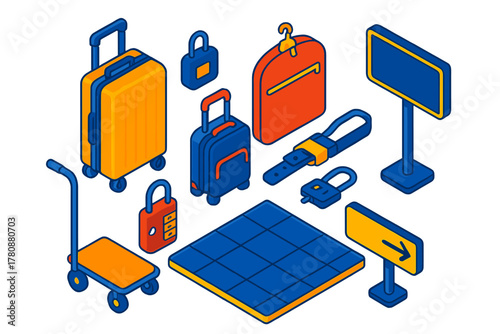 Travel Gear Essentials. Isometric vector illustration set Travel gear – hard-shell suitcase, carry-on bag, garment bag; luggage
