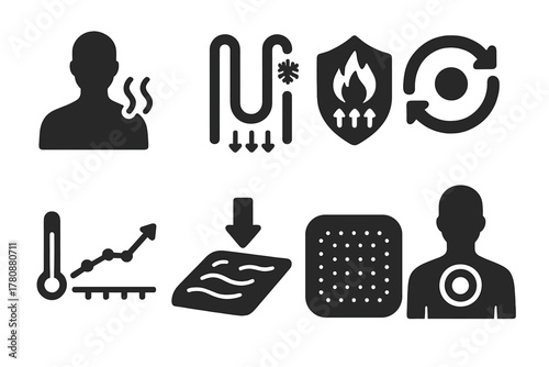 Thermal Regulation Icons. Solid style icons of thermal regulation systems: body heat glyph, cooling tube icon, heat badge.