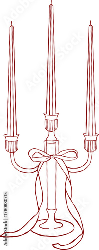 Hand drawn vintage elegant candles with bows outline  in red color. Vector illustration in retro sketch parisian style. Vector illustration