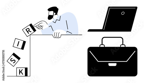 Man assessing falling blocks spelling risk, laptop for analysis, and briefcase for strategy. Ideal for business planning, decision-making, risk analysis, strategy, management, consulting simple flat