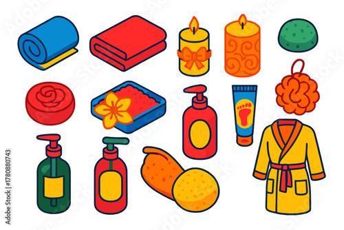Colorful Bath Essentials. Isometric vector illustration set featuring towel, candle, and bath supplies: fluffy towel roll, terry