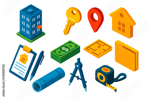 Real Estate Icons. Isometric vector illustration set house, key, location, contract, dollar, floor plan design: city condo, gold
