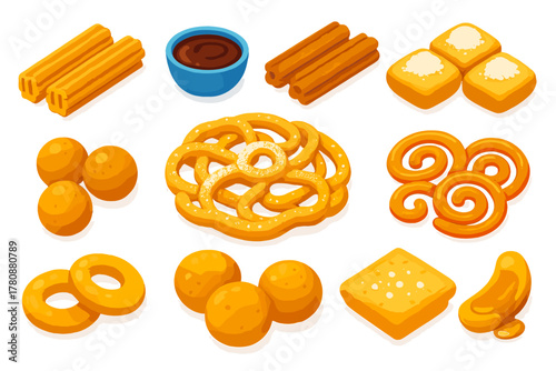 Sweet Treats Collection. Isometric vector illustration set sweet treats collection: churros, chocolate dipping sauce, cinnamon