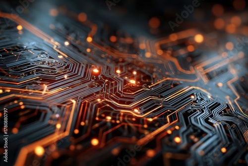 Electric circuit board on dark background with glowing orange and gold lines forming dynamic patterns, showcasing advanced technology and electronics in a striking visual design