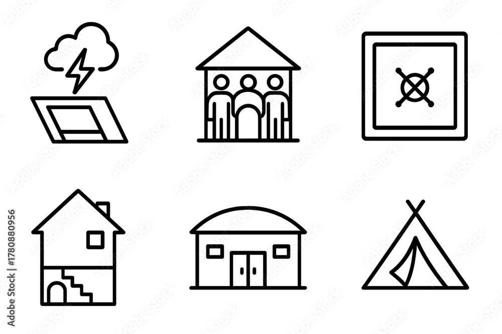 Obraz premium Shelter Icons. Line style icons of shelter and safe zones: storm shelter icon, community center refuge, indoor safe room, basement