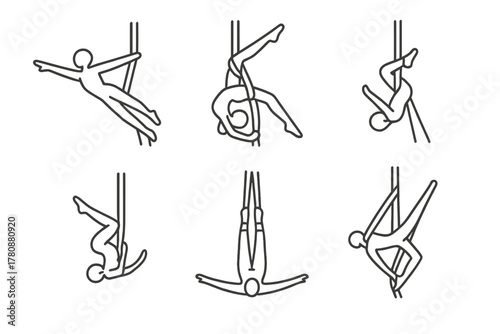 Aerial Silk Iconography. Line style icons of advanced aerial silk tricks: star drop initiation, double star twist, roll-up into