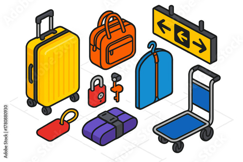 Travel Gear Essentials. Isometric vector illustration set Travel gear – hard-shell suitcase, carry-on bag, garment bag; luggage