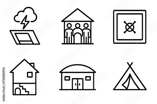 Shelter Icons. Line style icons of shelter and safe zones: storm shelter icon, community center refuge, indoor safe room, basement