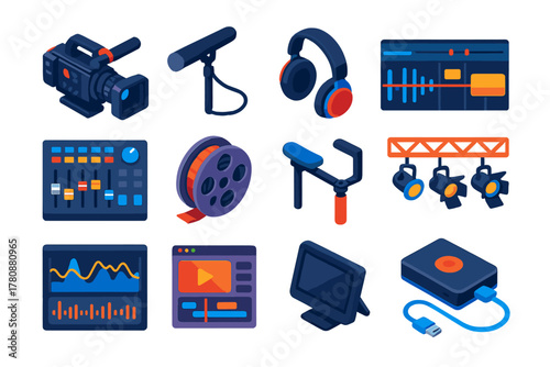 Audio-Visual Editing Tools. Isometric vector illustration set Video and Audio Editing Tools: cinema rig, condenser boom mic,