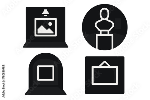 Dark Exhibition Icons. Solid style icons of dark-themed exhibition rooms: black wall display, spotlight on digital piece, deep hue
