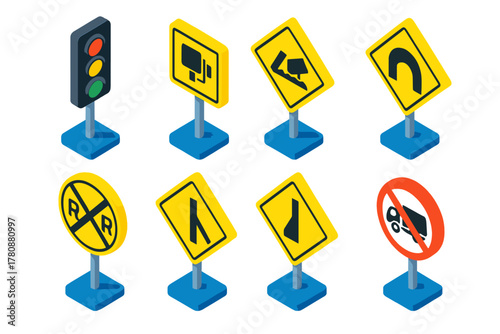 Vivid Traffic Signs. Isometric vector illustration set Street signs – traffic light icon, speed camera sign, red light camera sign
