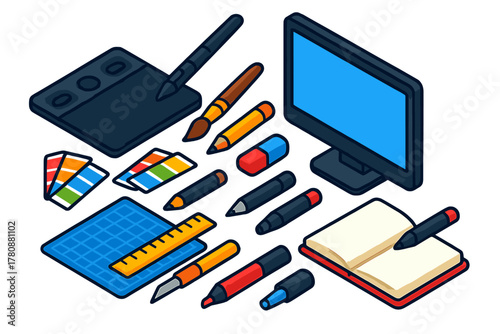 Design Tools Collection. Isometric vector illustration set design and editing tools: graphic tablet, stylus pen, desktop monitor,