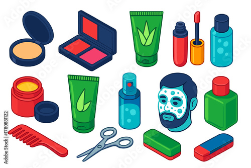 Vibrant Grooming Essentials. Isometric vector illustration set Makeup, Skincare, and Grooming: setting powder compact, dual blush