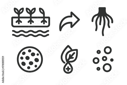 Hydroponics Icon Set. Line style icons of Hydroponics: NFT channel system, water flow arrow, suspended plant roots, grow medium