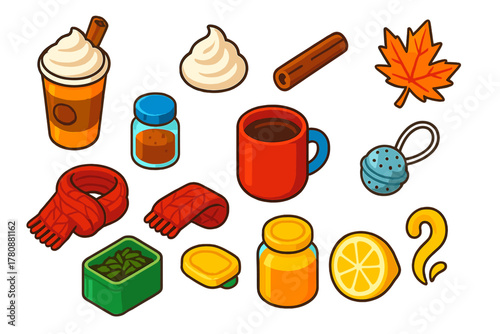 Autumn Beverage Icons. Isometric vector illustration set autumn drinks and tea: pumpkin spice latte, whipped cream swirl, cinnamon