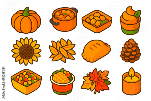 Autumn Harvest Icons. Isometric vector illustration set pumpkin, sunflower, apples, and more: pumpkin stew pot, pumpkin gnocchi,
