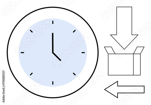 Clock indicating time with open box and arrows pointing in directions. Ideal for time management, deadlines, organization, delivery, strategy, scheduling, workflow representation, simple flat