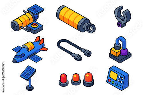 Space Refueling Station. Isometric vector illustration set Space exploration – orbital refueling station, fuel tank, docking clamp