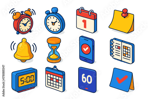 Time Management Icons. Isometric vector illustration set Time and Reminder: alarm clock, stopwatch, calendar date, reminder note,