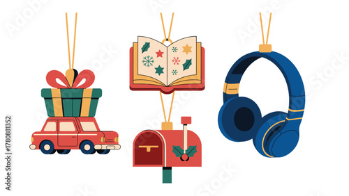 Festive Ornaments: A charming array of holiday decorations, featuring a gift-laden car, a festive open book, a cheerful mailbox, and a stylish headphone, each suspended with care.