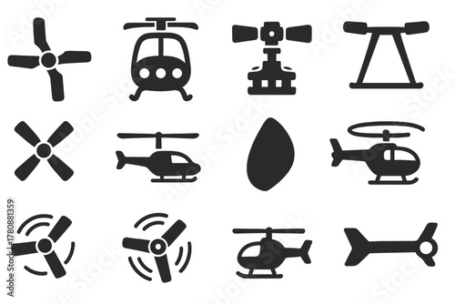 Solid Flight Icons. Solid style icons of Flight inspiration: rotor sketch, cockpit illustration, rotor hub close-up, skid design,