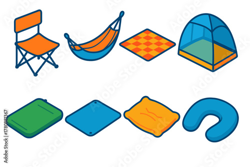 Camping Essentials Icons. Isometric vector illustration set Camping essentials – foldable chair, camping hammock, picnic blanket;