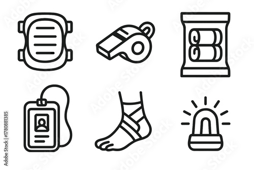OCR Safety Gear Icons. Line style icons of OCR safety gear: knee pads, race-day whistle, emergency bandage pack, waterproof ID tag